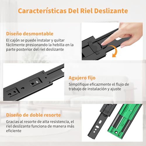HOGESA Rieles para Cajones, 50CM/20" Rieles Para Cajones Cierre Suave, 3 Secciones de Extensión Completa con Rodamiento de Bolas, Soporte Lateral Telescópico para Armario, Capacidad de 100 Libras