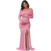 JustVH Maternity Long Sleeve Off Shoulder Baby Shower Dress Party Mesh Paneled Split Maxi Photography Gown for Photoshoot