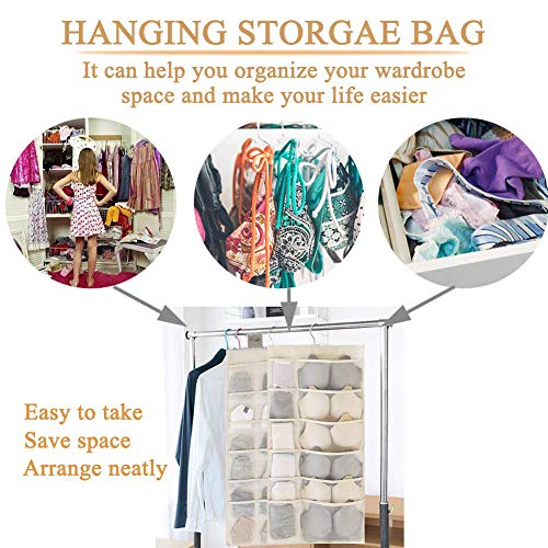 Hanging Closet Organizer, Dual-Sided 30 Pockets Wall Shelf Wardrobe Storage Bags for Underwear, Stocking, Bra and Sock, Mesh Pocket with Metal Hanger - Thumbnail 5