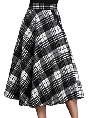 chouyatou Women's Stretchy High Waist A-Line Plaid Wool Skirts with Pockets
