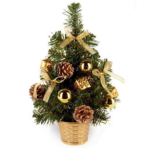 30cm Artificial Christmas Tree with Silver Tinsel Flecks, Gold Decorations and Pine Cones 8612
