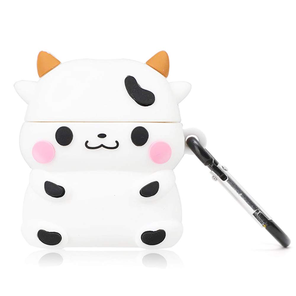 Compatible with AirPods Case Cow 1/2, Protective Silicone Skin Cover for AirPod Case Cow Print with Keychain, Kids Teens Girls Boys Funny Kawaii Fashion Cartoon 3D Cute Cow Cover for AirPods 1/2