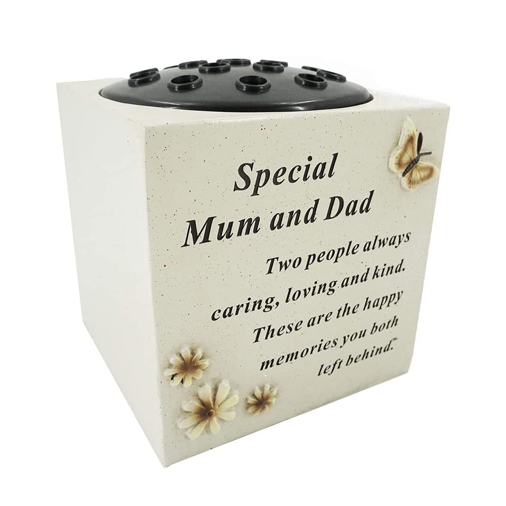 OnlineStreet Grave Vase Rose Bowl with Butterfly and Flowers - Memorial Flower Holders Ornament, Engraved with a Funeral Verse, Weatherproof-Grave Decoration Ornament 14 x 15 cm (Mum and Dad) (13974)