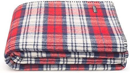 Wool Blanket 100. Throw blanket for home and camping. Plaid nice for babies children. Twin size 140x180 warm and washable blanket. Full size bed sofa. Woolkrafts (without leather holder, Red/White)