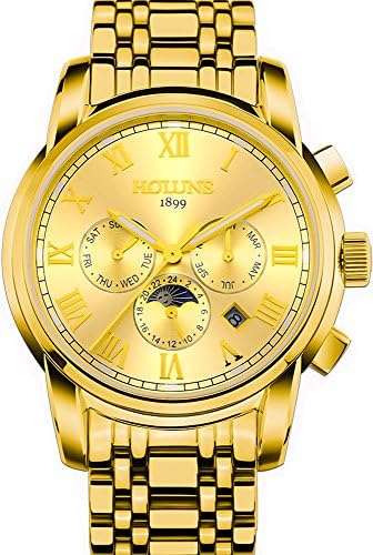 Men's Automatic 24 Hours Calendar Luminous Sapphire Stainless Steel Water Resistant Gold Watch