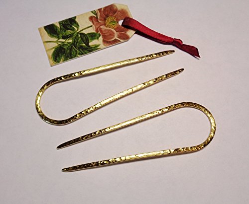 Set of 2 Golden Brass Hair Pins 4” long - U-shape Hammered Hair Forks - Combs Barrette Hair Accessory