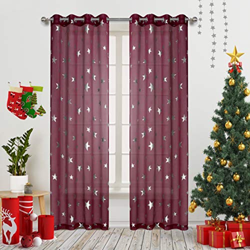 Gold Dandelion Nursery/Kid's Bedroom Essential Sheer Curtains with Foil Print Siver Star Cute and Glitter Grommet Window Draperies for Girls Bedroom 63 inch Long 2 Panel Burgundy