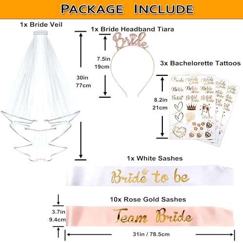KASTWAVE Hen Do Accessories, 16 Pcs Bride to Be Sash and Veil, Wedding Photo Booth Props Kit for Hen Party Accessories Rose Gold Wedding, Bachelorette Party, Hen Party Decoration and Night Party Games