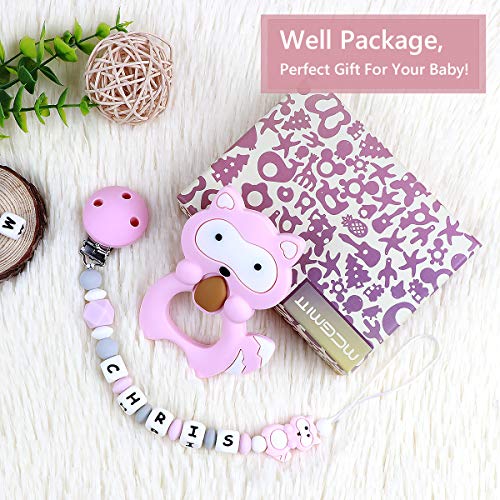 Pacifier Clip Personalized Name with Raccoon Teether, MCGMITT Customized Binky Holder Teething Silicone Beads for Baby Girls Boys (Pink)
