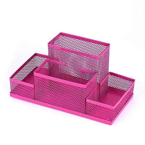Pencil Holder 4 Rectangle Compartments Mesh Pen Holder Large Capacity Pencil Cup Pen Organizer for School Office Stationery Accessories (Hot Pink)