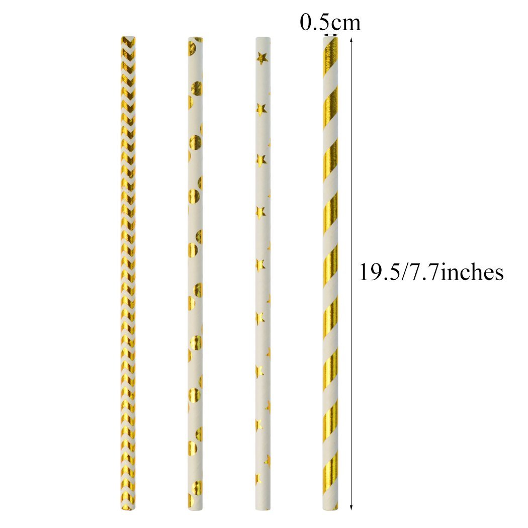 200 pcs Biodegradable Paper Straw with 8 Sheets Stickers, Drinking Straws for Birthdays, Weddings, Baby Showers, Celebrations and Parties, Gold, White