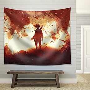 Man with Gun Standing Against Fire Background,Illustration Painting - Fabric Wall Tapestry Home Decor - 51x60 inches