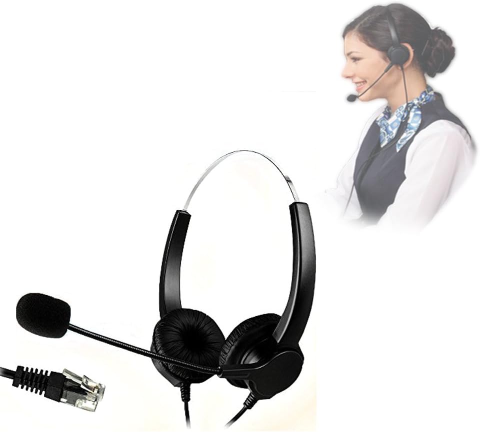 codomoxo Hands-free Call Center Noise Cancelling Corded Binaural Headset Headphone with 4-pin Rj9 Crystal Head and Mic Mircrophone for Desk Phone - Telephone Counseling Service (binaural with adapter)
