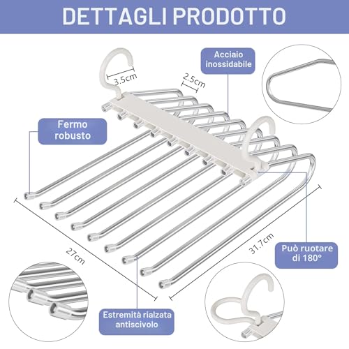 WEKIWGOT 9 in 1 Trouser Hangers, 2 Pieces Multifunctional Space Saving Rack Hanger for Organizing Closets, Trousers for Women and Men, Jeans, Bras, Scarves and Ties (White)