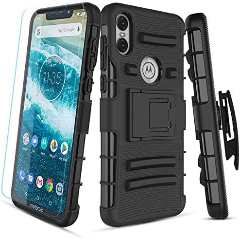 ORALER Moto One Case,Moto P30 Play Case Heavy Duty Shock Resistant Belt Clip Kickstand with Tempered Glass Screen Protector for Men,Black
