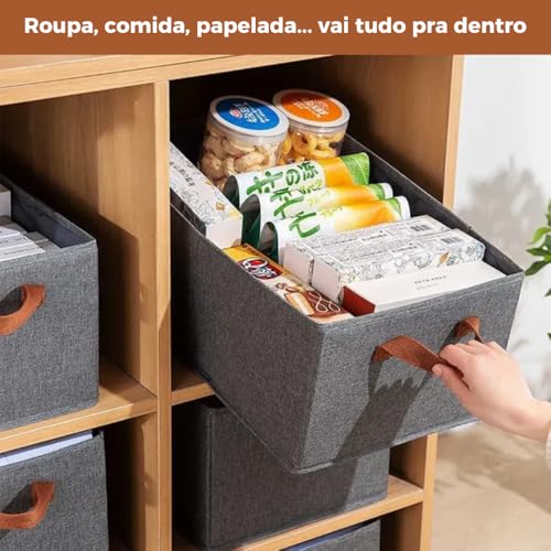 Kit 3 Cestos Organizadores Dobráveis de 26 Litros Caixas Multiuso Com Alças Dupla para Guarda Roupas, Armário, Lavanderia, Malha de Nylon Cinza Resistente e Lavável