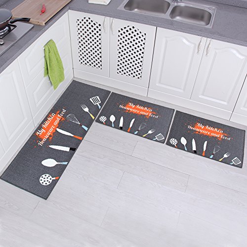 Carvapet 3 Piece Non-Slip Kitchen Mat Rubber Backing Doormat Runner Rug Set, Kitchenware Design (Grey 15"x47"+15"x23")