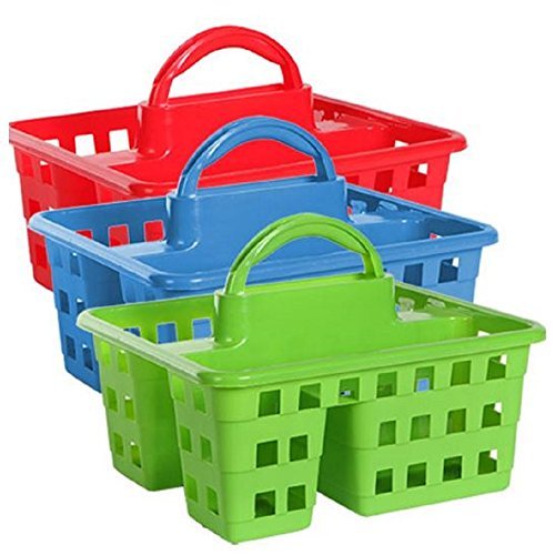 Divided Plastic Tote Caddies Baskets, Red, Blue and Lime