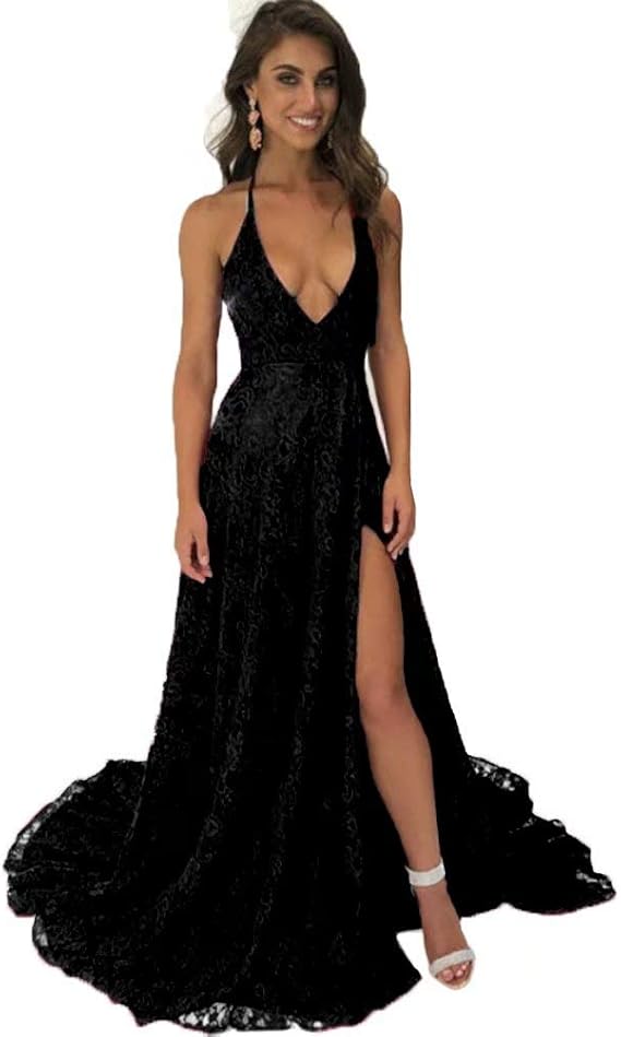Amazon Chady レディース スパゲッティストラップ ディープvネック プロムドレス ロング Aライン バックレス レース スリット ホルター イブニングドレス Us サイズ 12 カラー ブラック ワンピース チュニック 通販