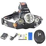 High Powered Lumen Bright Headlight Headlamp Flashlight Torch 3 XM-L2 T6 LED with Rechargeable Batteries and Wall Charger for Hiking Camping Riding Fishing Hunting