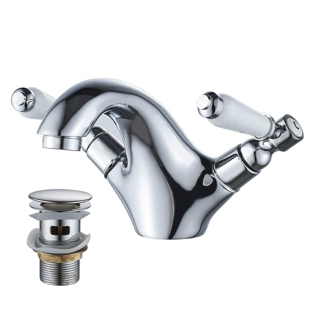 Dual Lever Basin Mixer taps with pop up Waste,Luckyhome Bathroom Sink Mixer taps Chrome hot and Cold Faucet Solid Brass Valve Body