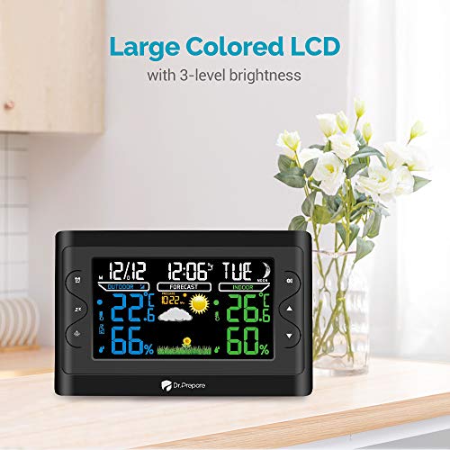 Dr. Prepare Digital Weather Station Wireless Indoor Outdoor Thermometer with 7.6" Colored LCD, Adjustable Brightness, Accurate Indoor Temperature and Humidity, Alarm, and Battery Backup (Black)