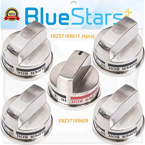 Ultra Durable 4 (EBZ37189611) & 1 (EBZ37189609) Super Boil STAINLESS STEEL D-Shaped Control Knob Kit Replacement by Blue Stars - Exact Fit For LG Ranges/Stoves/Ovens/Burners