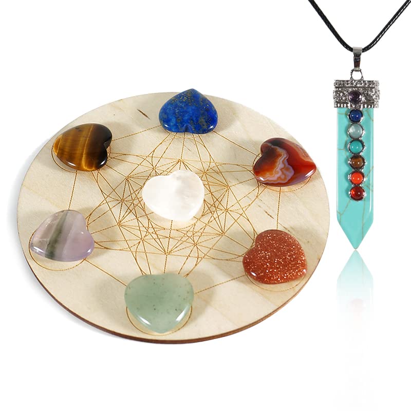 Soulnioi 7 Chakra Heart Love Shaped Stones Healing Crystals Set Palm Stones Stress Gemstones, Turquoise 7 Chakra Necklace, Merkaba Energy Disc, Balancing Meditation Therapy Kit for Spiritual Healing