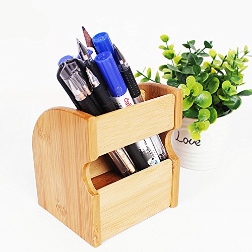 TV Remote Control Holder Caddy, Bamboo Desktop Office Supplies Storage Box Organizer With 2 Compartments 1 Drawer (Natural Bamboo) - Thumbnail 5