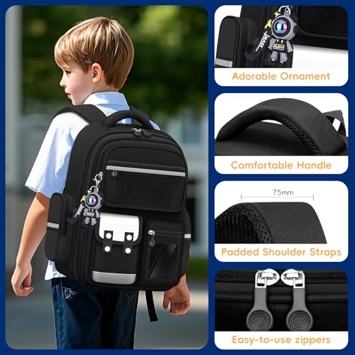 Amythe CE2 CM1 CM2 Boys' Primary School Bag, Multi-Compartment Primary School Bag with Reflective Strips for Boys 8-12 Years, Black, Classic | Children's Backpack CE2 CM1 CM2, Multi-Compartment Lightweight School Bag for Boys 8-12 Years, Back to School