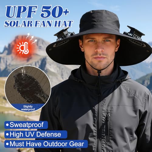 Solar Fan Hat,Solar Powered Fan Hat for Men Women,Wide Brim Sun Hat with 2 Solars Fan,2-in-1 Hands-Free Hats Fans