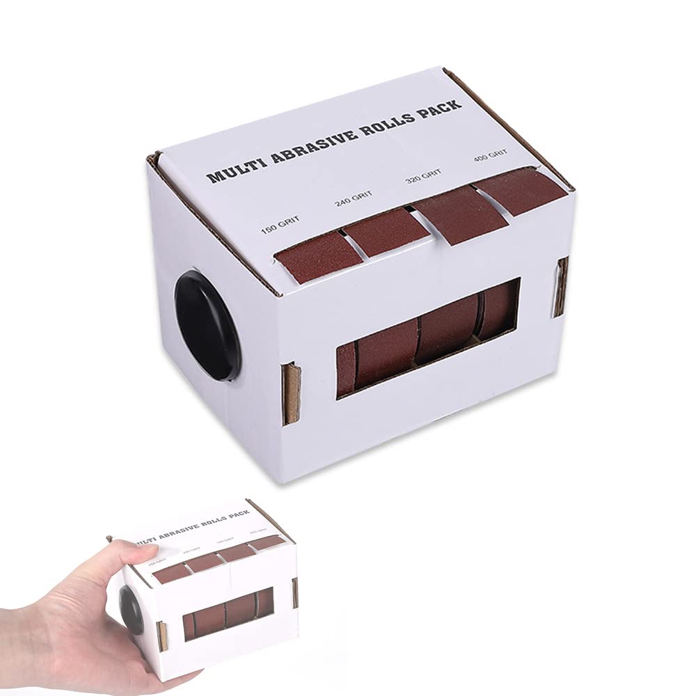Roll Emery Cloth 4 Roll Emery Cloth with Dispenser Includes 150 Grit 240Grit 320 Grit 400Grit Abrasive Paper Sandpaper for Wood Turners Furniture Repair Woodworkers Metal Glass