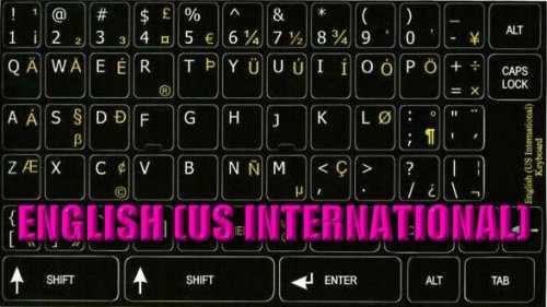 ENGLISH US INTERNATIONAL KEYBOARD STICKERS ON BLACK BACKGROUND