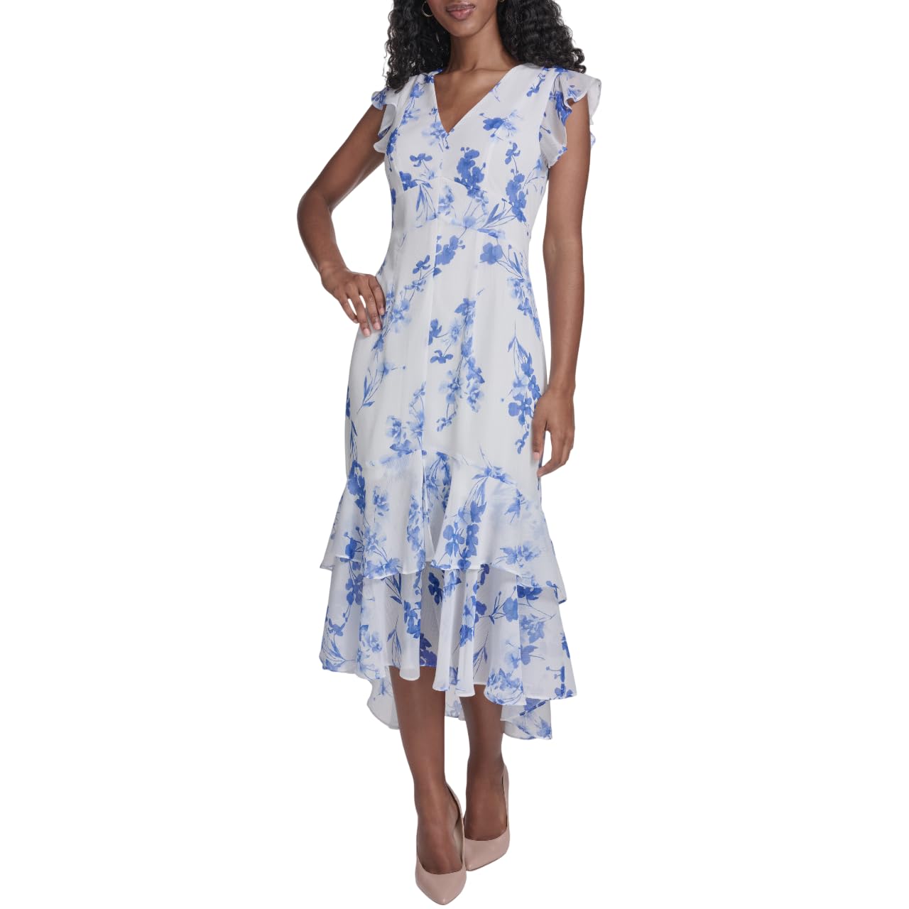 Tommy Hilfiger Women’s Flutter Sleeve V-Neck Ruffle Trim Hi Lo Midi Dress, Ivory/French Blue, 2