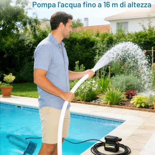 5000L/H Battery Powered Submersible Water Pump with 10m Hose, 5m Connecting Cable, 21V Battery and Charger for Swimming Pool, Water Bed, Garden Irrigation
