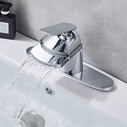Senlesen Chrome Bathroom Single Handle Waterfall Spout Sink Vessel Faucet Lavatory Mixer Tap with 8-inch Cover Plate
