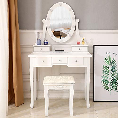 Vanity Table Set,White Makeup Dressing Table with Oval Lighted Mirror,Cushioned Stool,3 Drawers,2 Storage Cases，Wooden Makeup Furniture for Women Girls Bedroom - Thumbnail 6