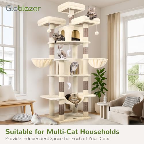 Globlazer Large Beige Cat Tree XXL Height 204 cm with 3 Padded Perches, 2 Kennels, 2 Baskets, Hammock, Stable Cat Tower for 3-5 Adult Cats Rest Play Scratching (F80, Beige)
