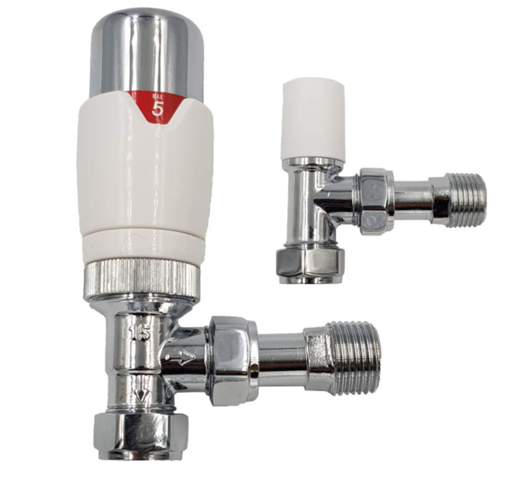 Aumix ½” x 15mm Thermostatic Classic Angle TRV Chrome White Radiator Valves + Lockshield Set