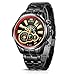 BUREI Men's Luminous Hands Chronograph Analog Watch with Link Bracelet, Black Red Bezel Black Dial