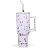 wannesy Bow Tumbler, Bow Cup 40oz with Handle and Straw Lid Gifts for Women Girls Birthday Christmas Double Insulated Cup Travel Coffee Mug
