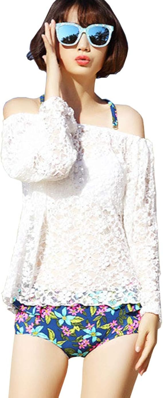 Amazon 水着 バンドゥビキニ レディース 体型カバー 3点セット水着 ラッシュガードセット 水着 花柄 レースブラ ウス 韓国風 セクシー 可愛い スイムウェア Uvカット ホワイト M ビキニ セパレーツ 通販
