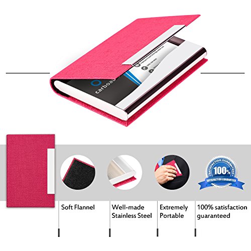 Business Card Holder, AHGXG Professional Leather Business Card Case Metal Name Card Holder Slim Stainless Steel With Magnetic Shut, Hold 20 Business Cards For Men&Women, Rose Red