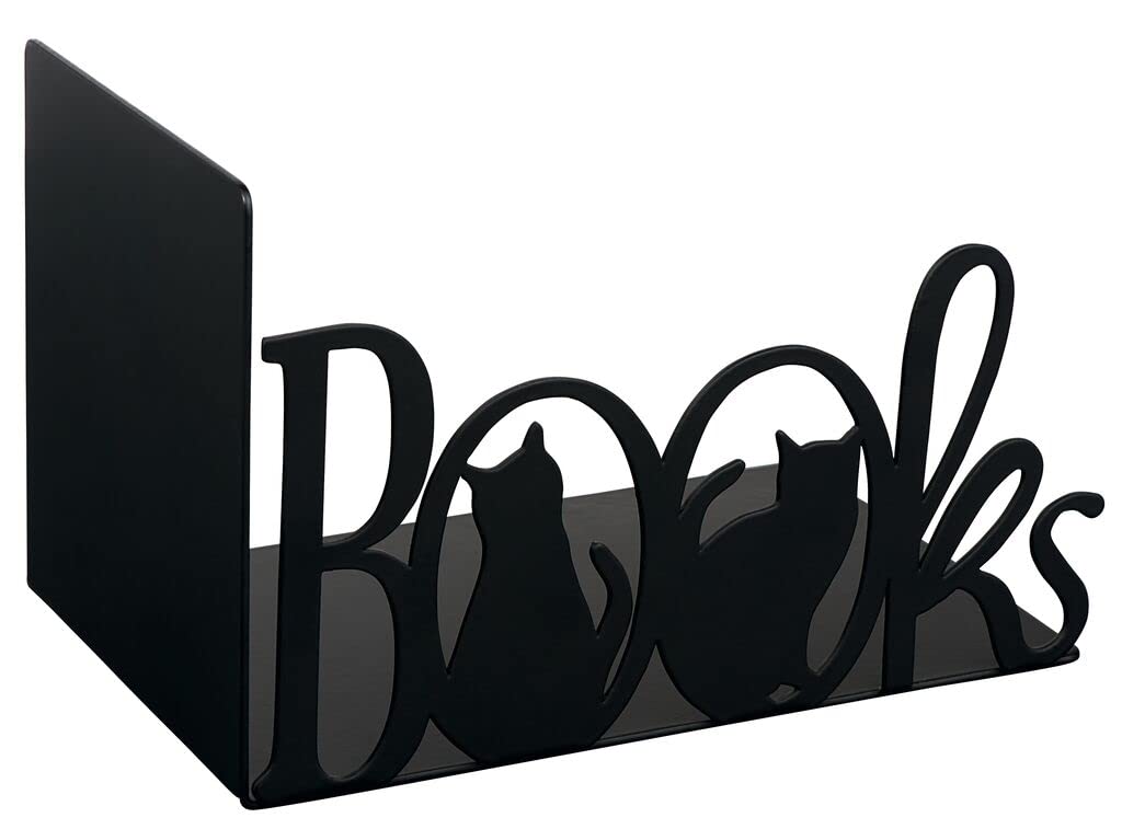 moses Metal Bookend, Black, libri_x Decorative Bookend Books, Modern Design with Cut-Out Lettering and Cats