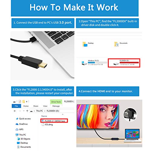 USB to HDMI Adapter Video Cable with Audio(6FT/2M),FOINNEX USB 3.0 to HDMI Converter Lead for Windows 10/8.1/8/7 Surface Pro PC Laptop to TV Monitor(NOT Support XP/Mac OS/Vista) Male to Male,1080P