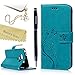 Mavis's Diary Embossed Wallet Fashion Butterfly Floral PU Leather Protective Flip Folio & Hand Strap Card Slots Shockproof TPU Rubber Inner Cover & Dust Plug & Stylus - Blue
