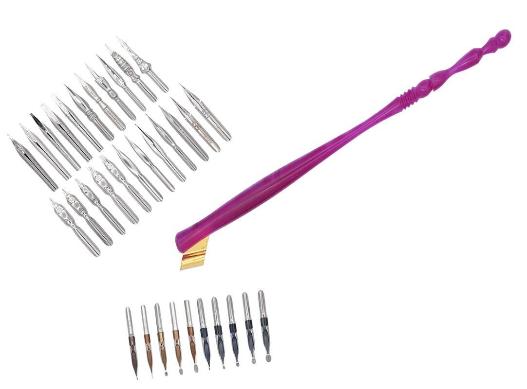 Gullor Oblique Calligraphy Dip Pen Nib Holder with 33 Nibs, Purple