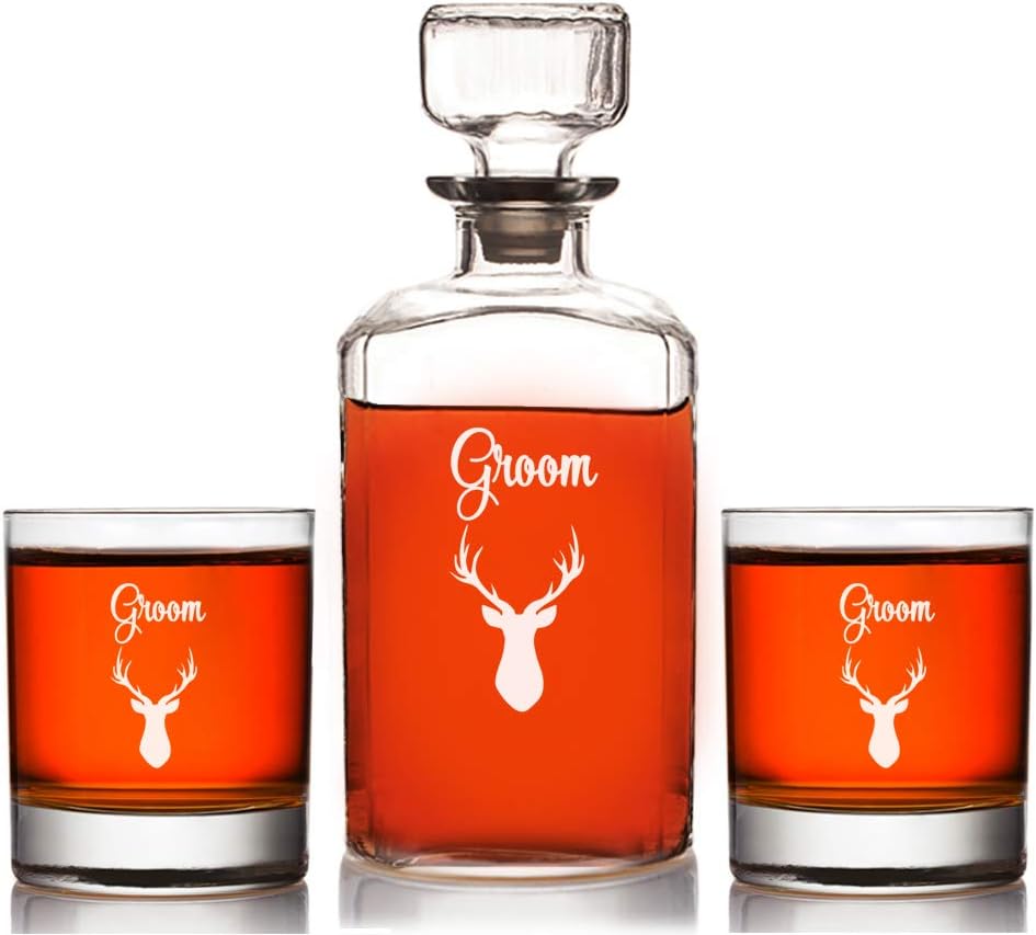 Groom Stag Groomsman Liquor Decanter With 10 ounce Rocks Glasses, Groomsmen Decanter Glass Gift, Best Man Decanter Gift, Groom Decanter Glass Gift.