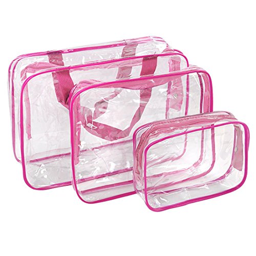 3Pcs Crystal Clear PVC Travel Bag Kit for Men Women, Waterproof Vinyl Packing Organizer Storage Bag with Zipper Closure and Handle Straps, Cosmetic Pouch, Diaper Bag, Handbag Pencil Bag Black (Pink)