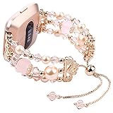 Imymax for Fitbit Versa Bands Bracelets Adjustable Crystal Pearl Bracelet Replacement Women Girls Wristband for Fitbit Versa Lite Smart Watch Updated Style (Rose Pink)